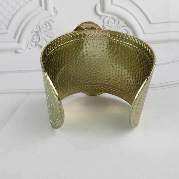 Gemstone Gold Plated Cuff Bracelet Hammered Metal - Picture 4 of 5